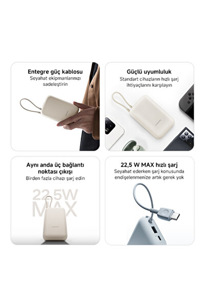 Xiaomi Power Bank 10000mAh Krem Entegre Kablo USB ve USB-C Portu 22.5W BHR9072GL