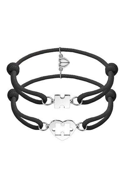 DELPI Couple Puzzle Bracelets with Heart, Set of 2 Pieces, Adjustable, Black