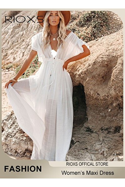 RIOXS فستان ماكسي نسائي بفتحة رقبة على شكل حرف V عميقة، غطاء للبيكيني، ملابس ...