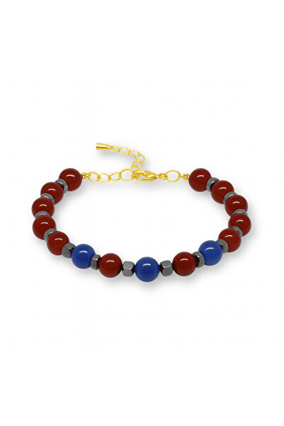 Tesbihane Gold Color Non-Tarnish Metal Chain Sphere Cut Burgundy Blue Jade He...