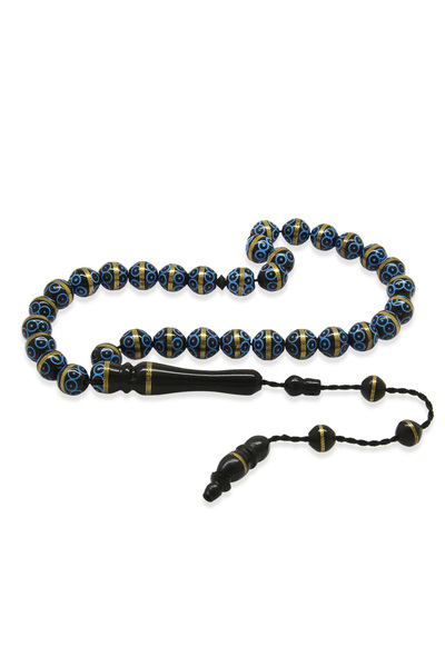 Tesbihane Kuka Tesbih - Black Color - Brass Winding - Systematic - Blue Ename...