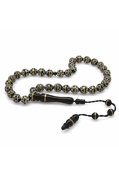 Tesbihane Kuka Tesbih - Black Color - Brass Winding - Systematic - White Enam...
