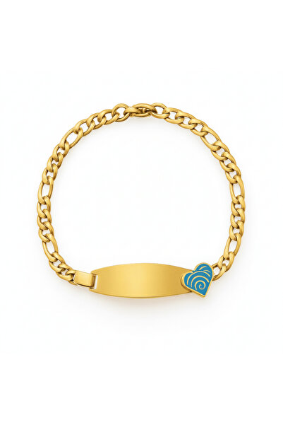 Tesbihane Çocuk Çelik Bileklik - İsme Özel Yazılı - Altın Renk - Turkuaz Kalp...