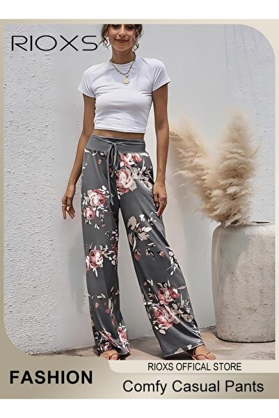 RIOXS Women's Casual Pants Stretch Floral Print Drawstring Trousers High Wais...