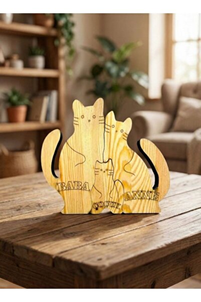 Kişiye Özel Ahşap Kedi Ailesi Puzzle Üçlü