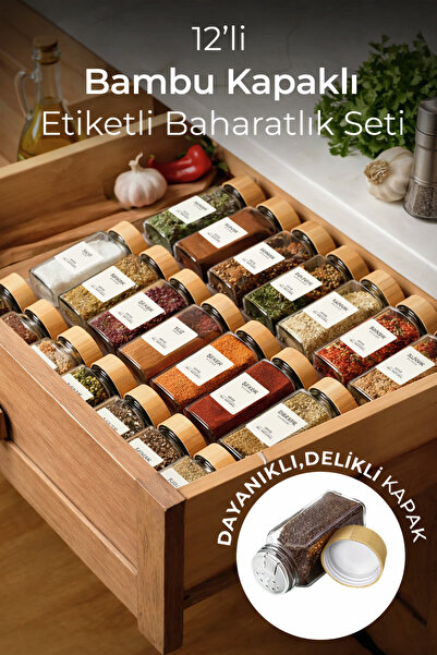 Mim Life 12’li Bambu Kapaklı Kare Cam Baharatlık Takımı / Etiket Hediyeli / 1...