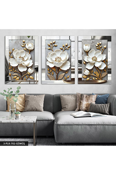 Evinemoda Gold Yapraklı Beyaz Çiçek 3 Parça Pleksi Aynalı Tablo
