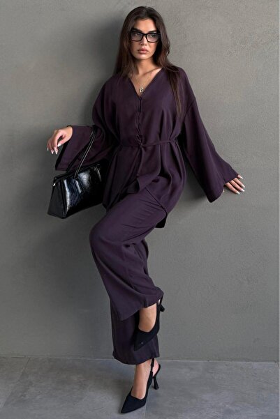 Madmext Plum V-Neck Buttoned Belted Double Modal Women's Set Mg2619