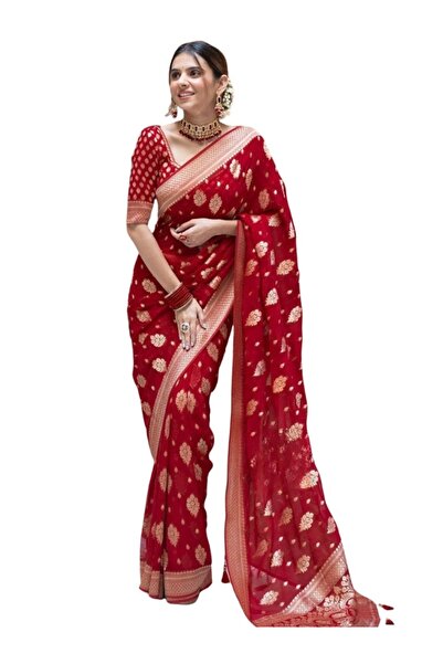MYSMAR Red Banarasi Soft Silk Saree - KTZ2358 | Red