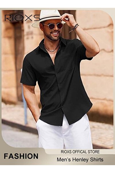 RIOXS Men's Short Sleeve Button-Down Shirts, Summer Loose Fit V-Neck Shirts f...
