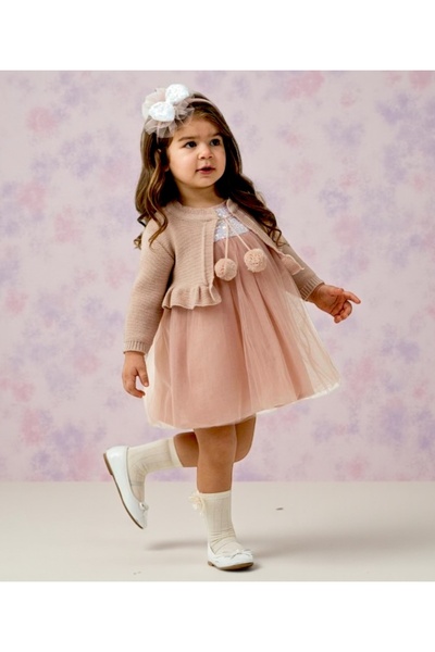 LİTTLE ANGELS Kız Çocuk Payetli Tütülü Pudra Elbise ve Ponponlu Hırka Takımı