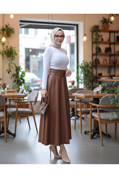 My Blog Tan Belted Leather Flared Skirt