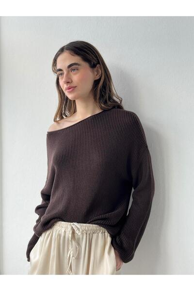 Retrobird Basic Mercerized Spring Boat Neck Knit Top Women's Dark Brown