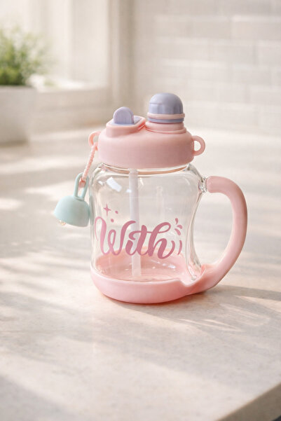 Kitchen Way 900ml Polycarbonate Glass Flask with Patterned Straw and Lid Kw-1030