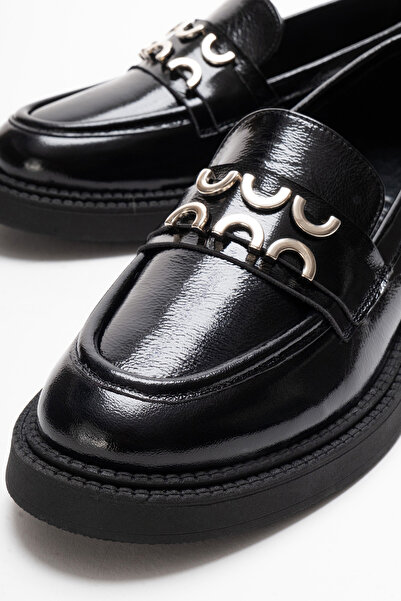 GRADA Piele naturală neagră, lacuită, pentru femei, cu cataramă metalică, pan...