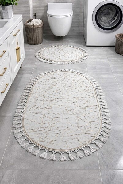 Monnhein Glitter Bamboo 2-Piece Bath Mat Set, with Pompom, Non-Slip Leather B...