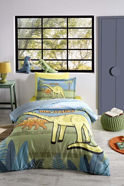 Özdilek Ranforce -Dino Zoo Petrol- Single Children's Duvet Cover Set with Ela...