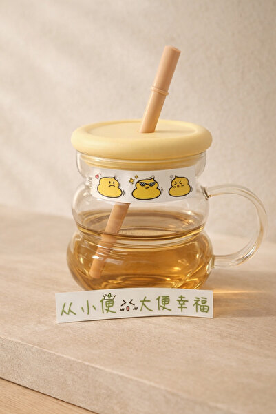 Kitchen Way 750ml Borosilicate Cute Glass Flask with Sticker and Straw Lid Kw...