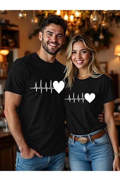 one button تي شيرت عادي منقوش بنمط إيقاع القلب للزوجين مكون من قطعتين