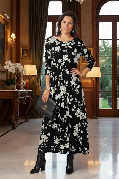 Nevin Kaya Moda Чорно-біла сукня з квітковим візерунком