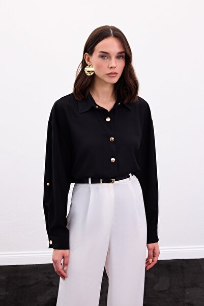 Sateen Snap Detailed Shirt - Black