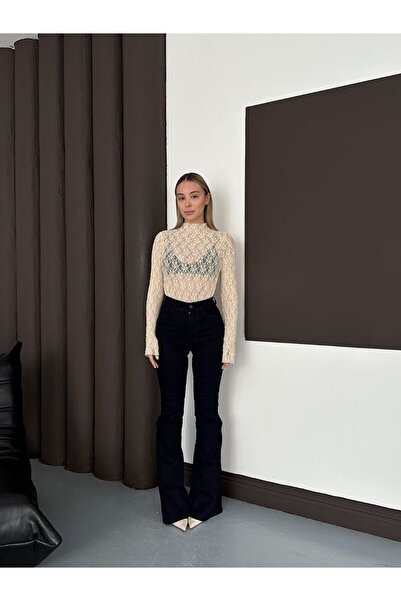 AYKA WEAR Kadın Kahverengi Dik Yaka Transparan Dantelli Bluz