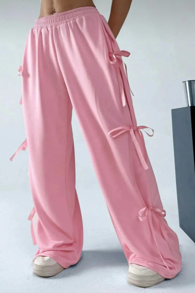 İlayda Toprak Rıbbon Kurdele Detaylı Bol Paça Beli Lastikli Pembe Eşofman Altı