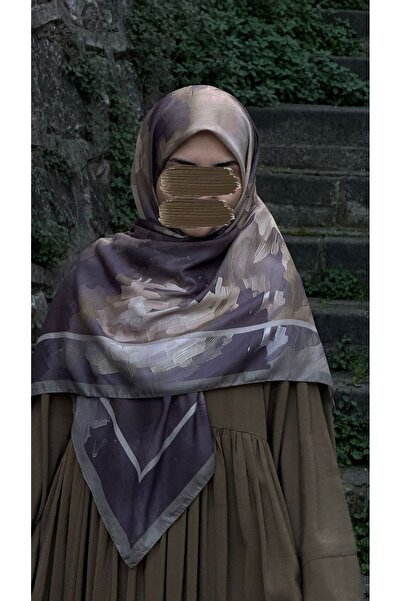 Qalortex Scarf Pamuklu Soft Luna Desen Eşarp-Mürdüm/Vizon