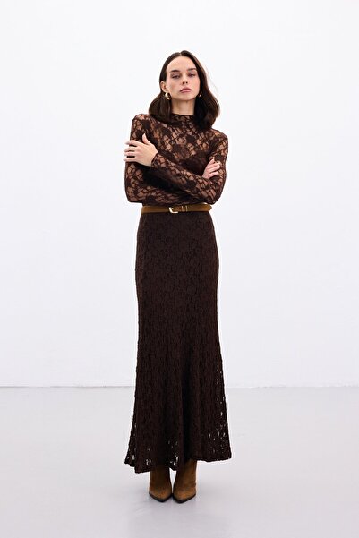 Sateen Lace Long Skirt - Brown