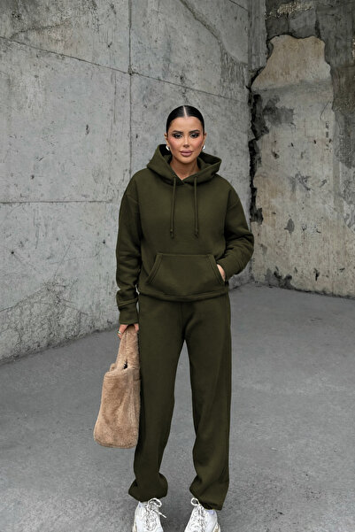 YAKAMEL طقم رياضي نسائي مكون من مبطن بالصوف قطع ذو نسيج ناعم وخصر عالٍ KA بغط...