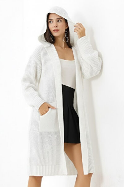 Marvine Women's White Oversized Pocket Hooded Knitwear Cardigan