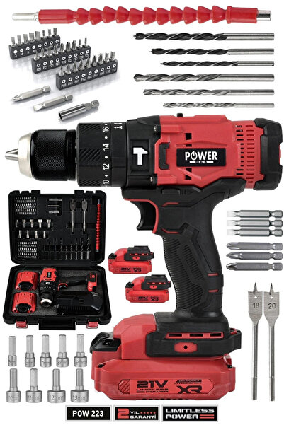 POWER BLACK Profesyonel 21V Çift Akülü 13 mm Darbeli Şarjlı Matkap Akülü Vida...