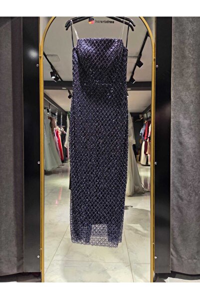 İnci Abiye Lacivert Midi Taş İşlemeli Abiye