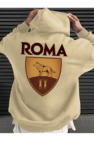 ELAN WEAR Roma Back Printed Hooded Oversized Navy Blue Sweatshirt with Kangar...