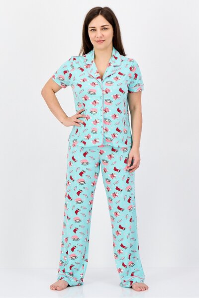 Sleep & Co طقم بيجاما نسائي مكون من قطعتين، بلوزة وبنطال بتصميم موحد، متعدد ا...