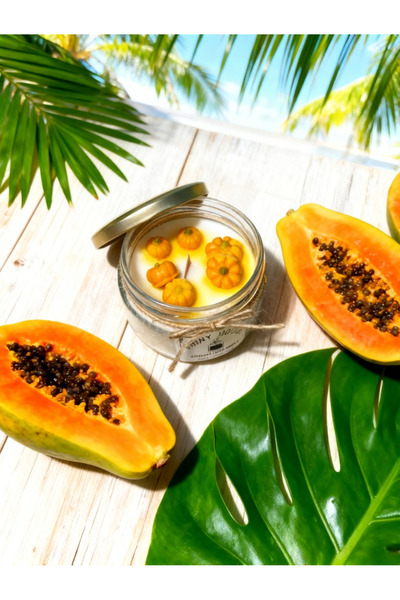 Shiny House Official El Yapımı Doğal Soya Mum – Papaya Kokulu Aromaterapi | Ahşap Fitilli, Uzun Yanış