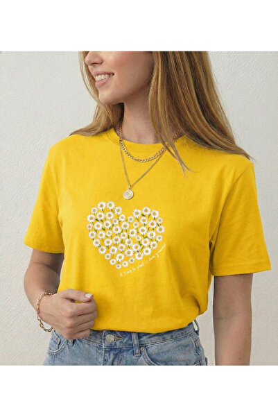 BUWOM Kadın Kalp Papatya Baskılı Bisiklet Yaka T-shirt