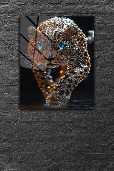 z zizuph Taşlı Leopar Temalı, 4 mm Temperli Kırılmaz Cam Tablo, Ofis Tablo, S...