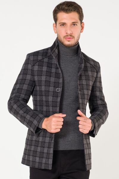 AtakGiyim Erkek Slim Fit Hakim Yaka Gri Kareli Kaşe Kaban