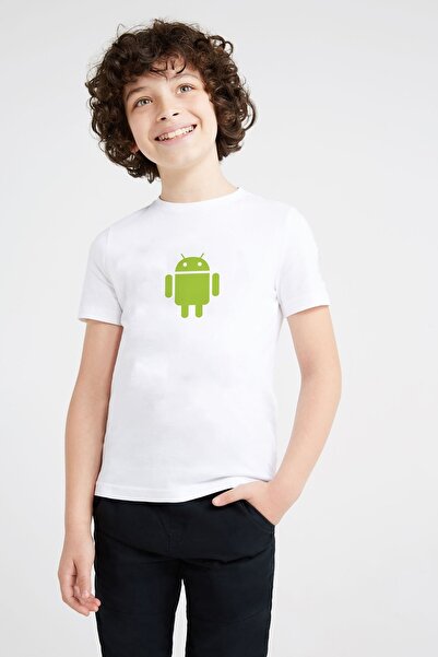 QIVI Unisex dečija bela majica sa Android logotipom Štampano