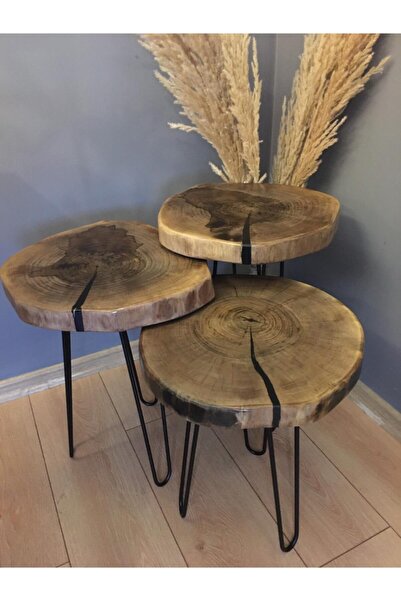 MbkWood Epoksi Doğal Ahşap Dekoratif 3 Lü Sehpa ( Metal Ayak ) Ceviz Ağacı