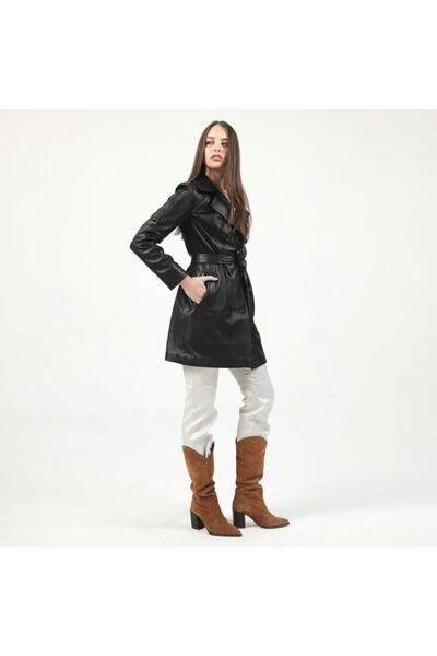 Dericlub 060 Siyah Kadın Deri Trençkot