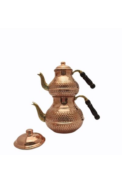 KAYSERİ BAKIRCILIK Bakır Çaydanlık Kuşaklı Orta Boy Üzüm Desenli Kırmızı