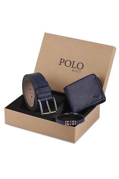 POLO Rucci Boxed Men's Navy Blue Bracelet Belt Wallet Gift Set
