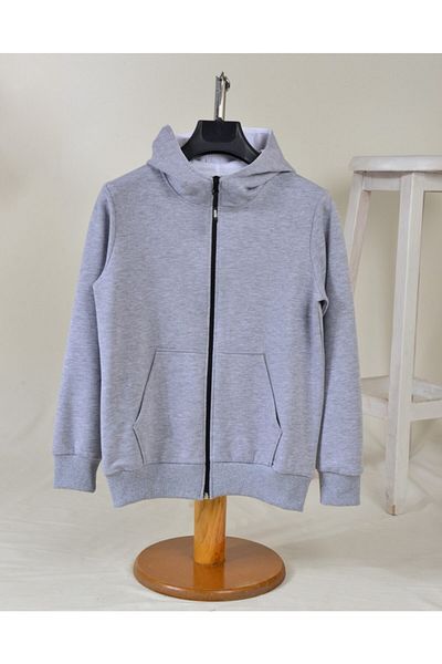 KİDSPİTİRCİK Unisex Kids Gray Zippered Hooded 2 Thread Combed Cotton Cardigan 4-season