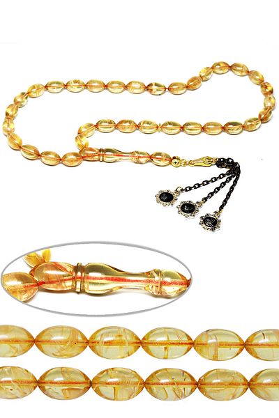 Tesbih Atölyesi Certified Yellow Transparent Colored Solid Cut and Pressed Amber Prayer Beads