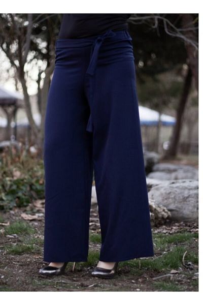 Modakenti Elastic Waist Belted Wide Leg Trousers - Navy Blue