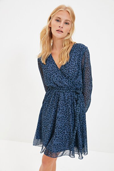 Trendyol Collection Többszínű öves duplasoros leopárd mintás mini szőtt ruha TWOSS20EL0626