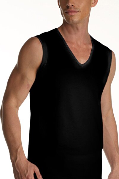 Çift Kaplan Erkek Elastanlı V Yaka Kolsuz Siyah Fanila 0924 3'lü Paket