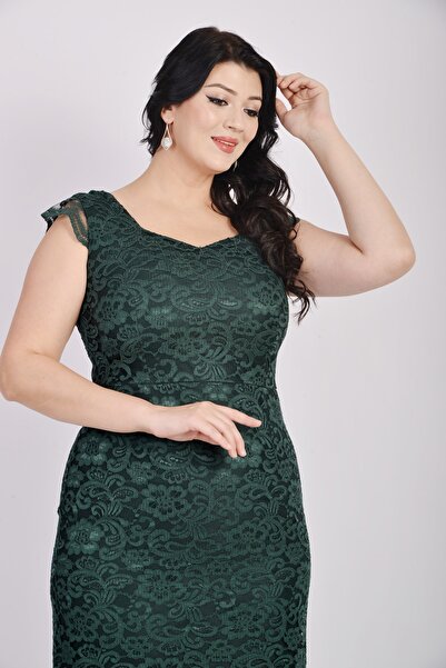 Butik Miza Yeşil Dantel Büyük Beden Elbise